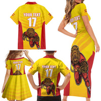 Custom Espana Rugby Spain Family Matching Short Sleeve Bodycon Dress and Hawaiian Shirt Lion Mascot Come on Los Leones Yellow Style
