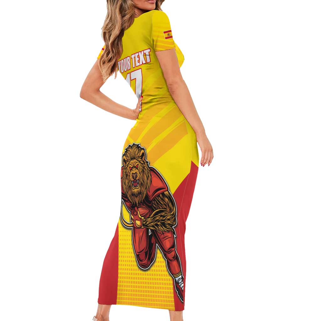 Custom Espana Rugby Spain Family Matching Short Sleeve Bodycon Dress and Hawaiian Shirt Lion Mascot Come on Los Leones Yellow Style