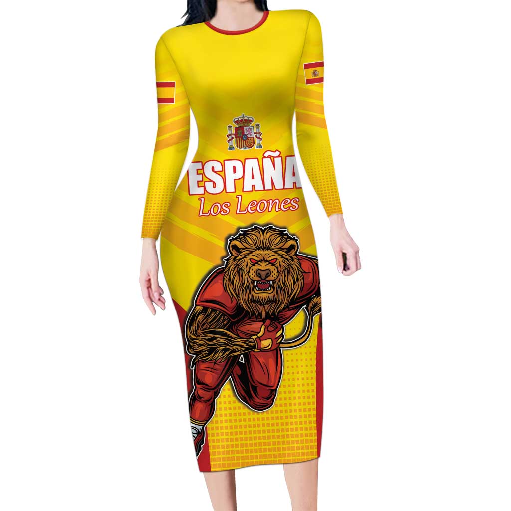 Custom Espana Rugby Spain Long Sleeve Bodycon Dress Lion Mascot Come on Los Leones Yellow Style