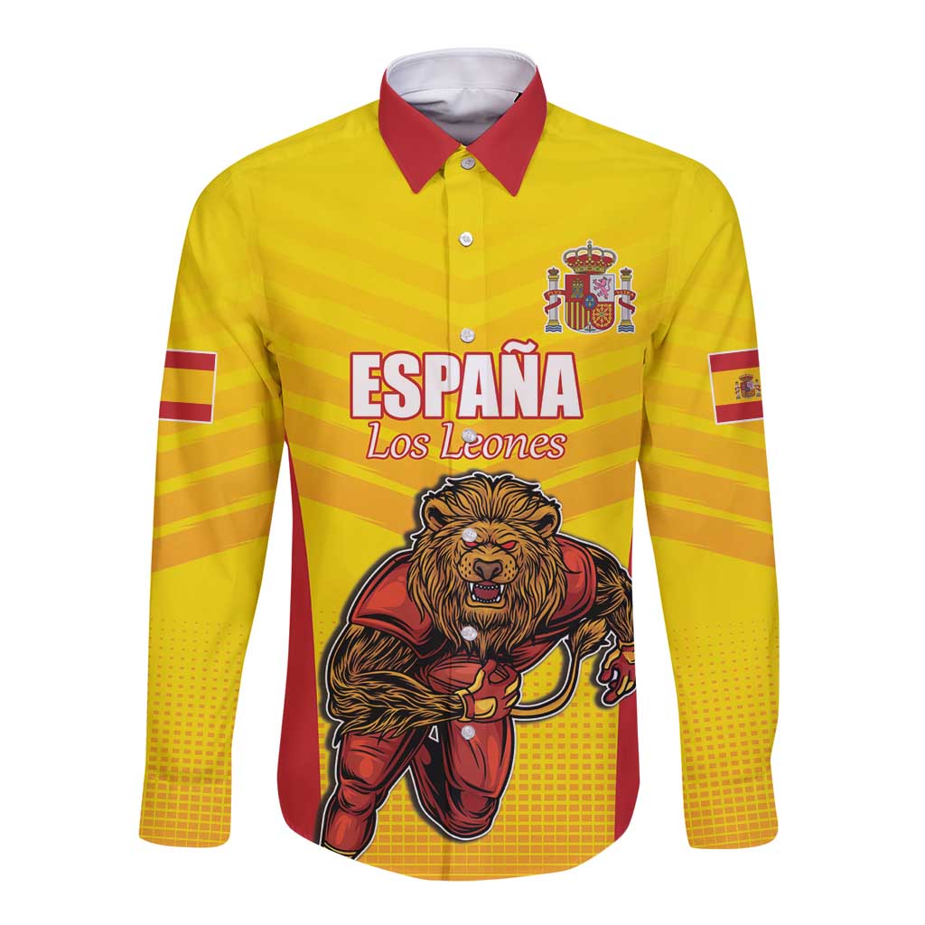 Custom Espana Rugby Spain Long Sleeve Button Shirt Lion Mascot Come on Los Leones Yellow Style