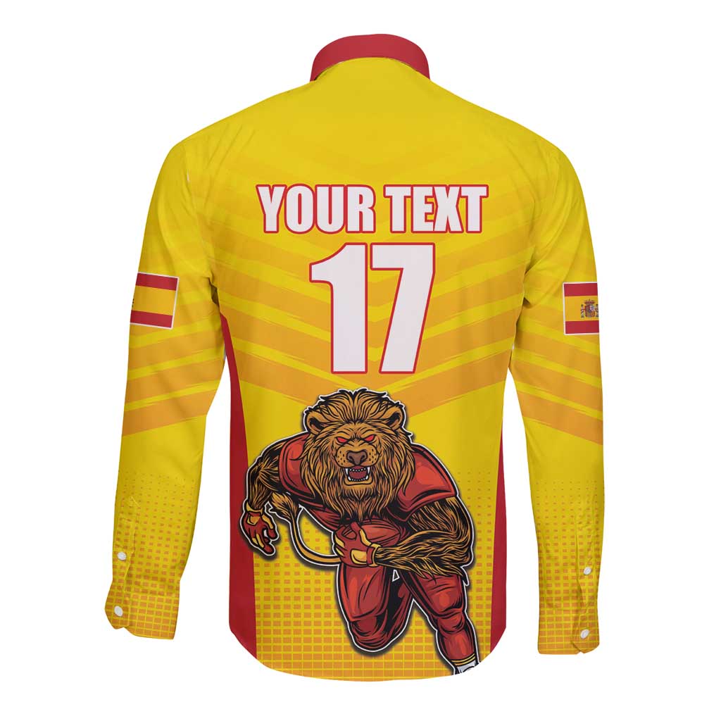 Custom Espana Rugby Spain Long Sleeve Button Shirt Lion Mascot Come on Los Leones Yellow Style