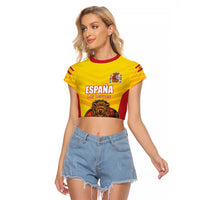 Custom Espana Rugby Spain Raglan Cropped T Shirt Lion Mascot Come on Los Leones Yellow Style