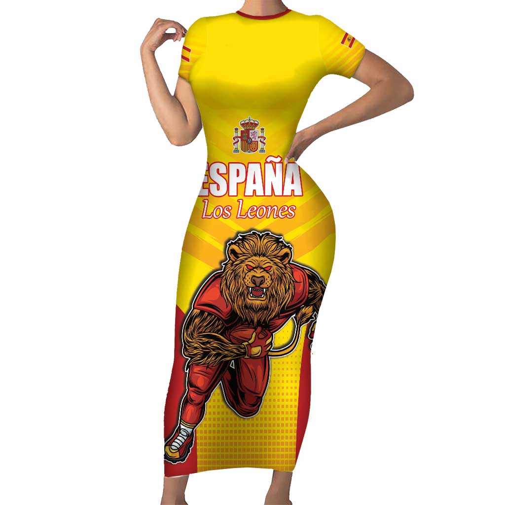 Custom Espana Rugby Spain Short Sleeve Bodycon Dress Lion Mascot Come on Los Leones Yellow Style