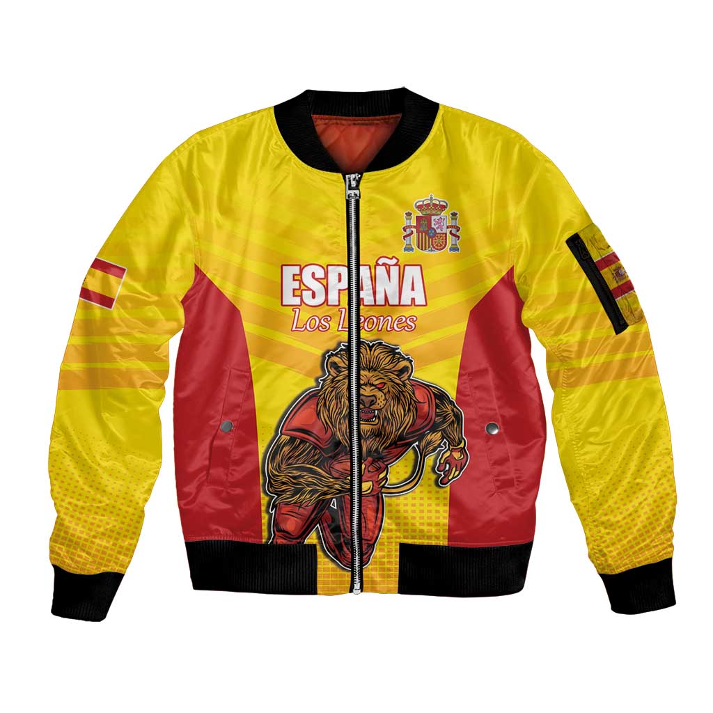 Custom Espana Rugby Spain Sleeve Zip Bomber Jacket Lion Mascot Come on Los Leones Yellow Style