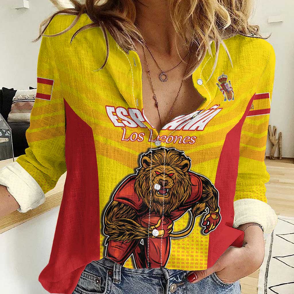 Custom Espana Rugby Spain Women Casual Shirt Lion Mascot Come on Los Leones Yellow Style
