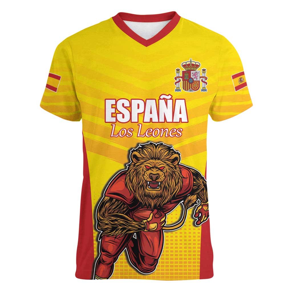 Custom Espana Rugby Spain Women V-Neck T-Shirt Lion Mascot Come on Los Leones Yellow Style