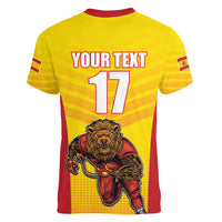 Custom Espana Rugby Spain Women V-Neck T-Shirt Lion Mascot Come on Los Leones Yellow Style