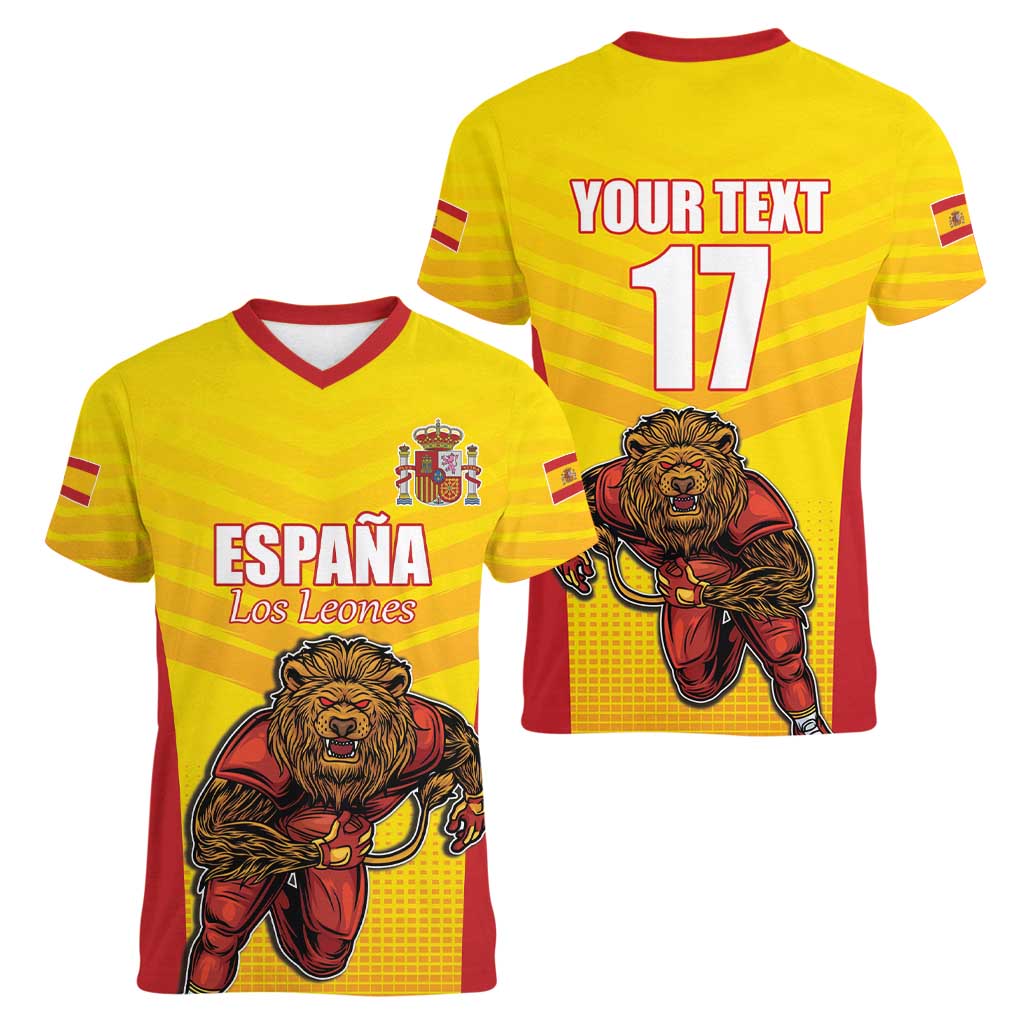 Custom Espana Rugby Spain Women V-Neck T-Shirt Lion Mascot Come on Los Leones Yellow Style