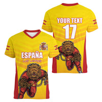 Custom Espana Rugby Spain Women V-Neck T-Shirt Lion Mascot Come on Los Leones Yellow Style