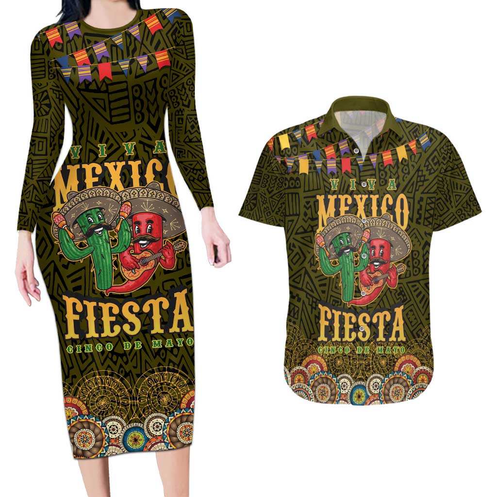 Personalized Mexico Cinco De Mayo Couples Matching Long Sleeve Bodycon Dress and Hawaiian Shirt Chilli Pepper and Cactus