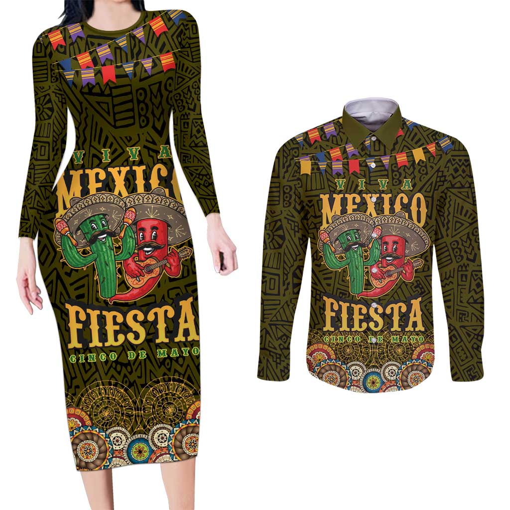 Personalized Mexico Cinco De Mayo Couples Matching Long Sleeve Bodycon Dress and Long Sleeve Button Shirt Chilli Pepper and Cactus