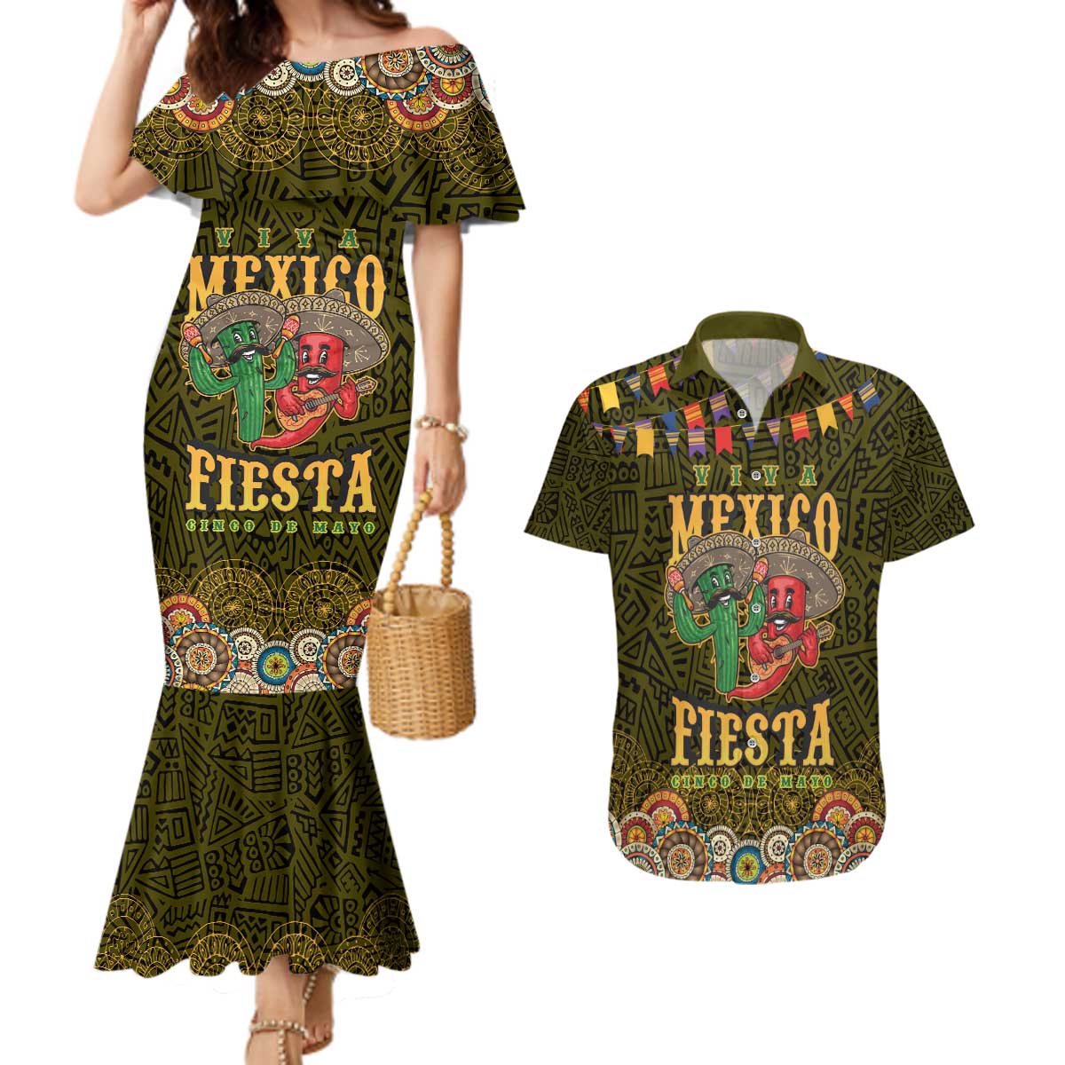 Personalized Mexico Cinco De Mayo Couples Matching Mermaid Dress and Hawaiian Shirt Chilli Pepper and Cactus