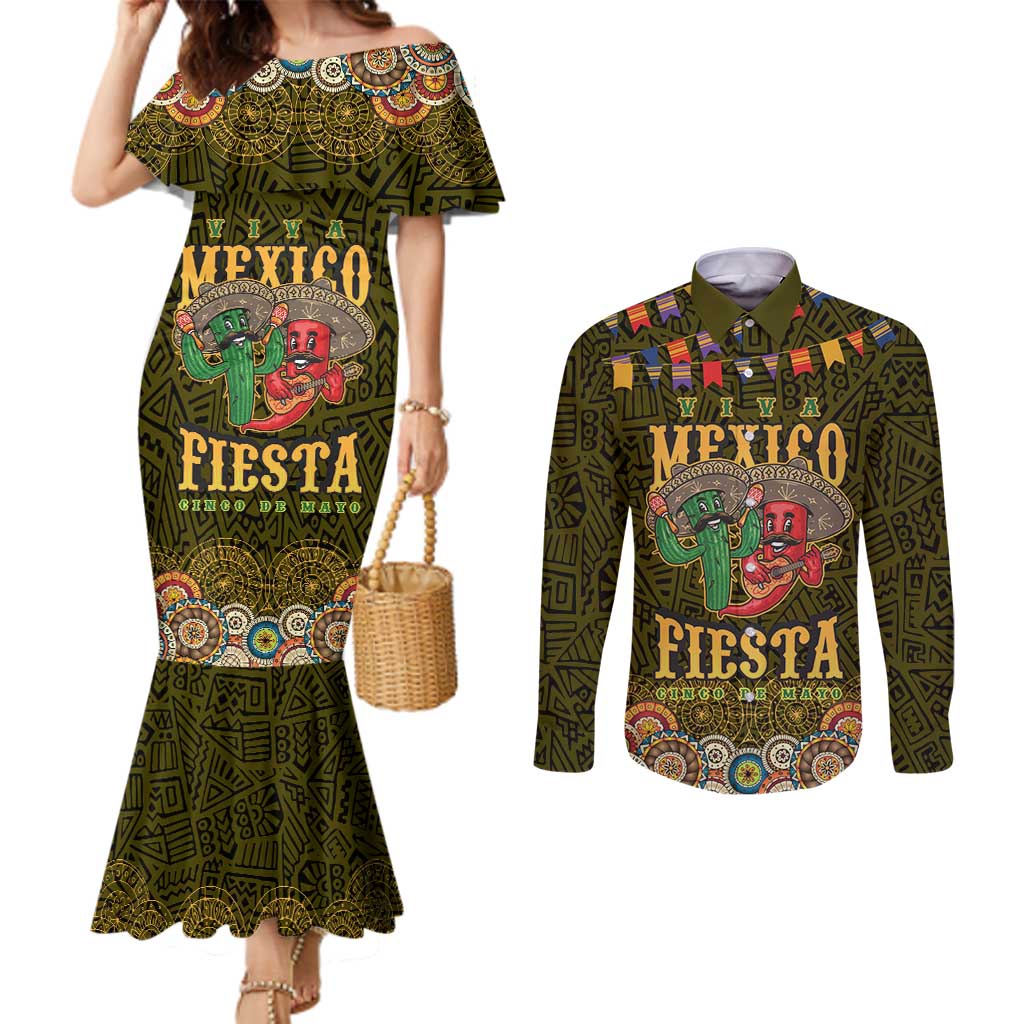 Personalized Mexico Cinco De Mayo Couples Matching Mermaid Dress and Long Sleeve Button Shirt Chilli Pepper and Cactus