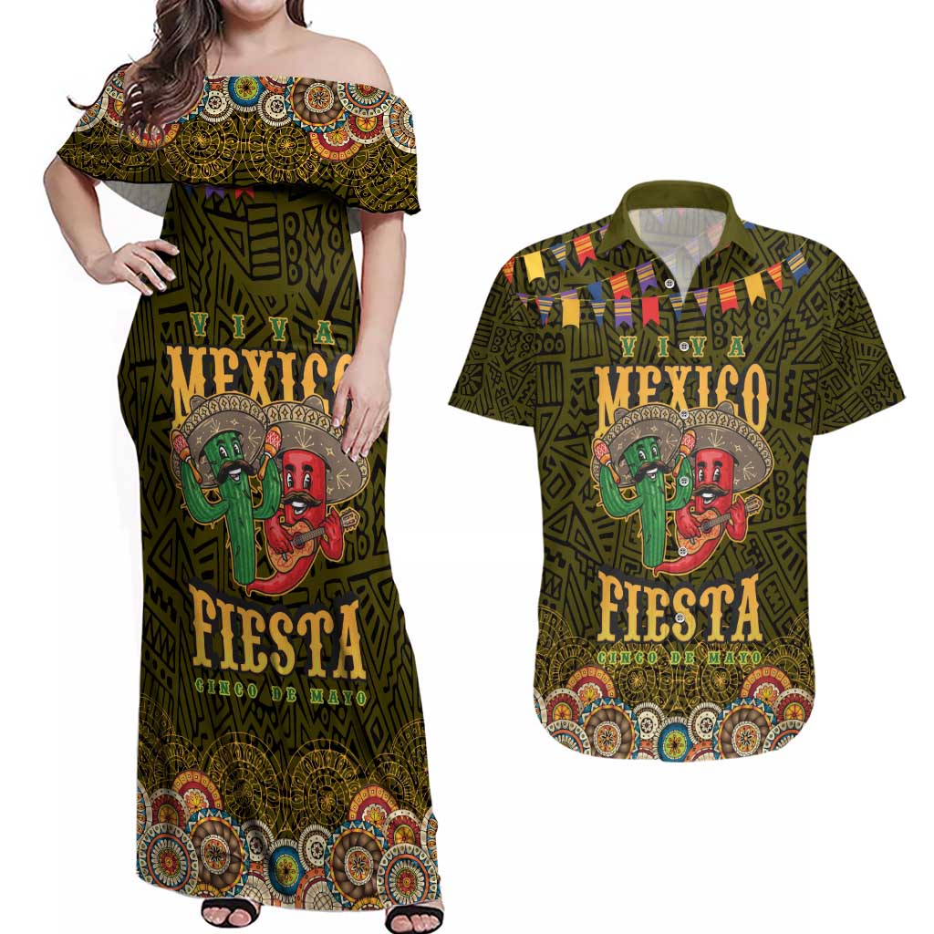 Personalized Mexico Cinco De Mayo Couples Matching Off Shoulder Maxi Dress and Hawaiian Shirt Chilli Pepper and Cactus