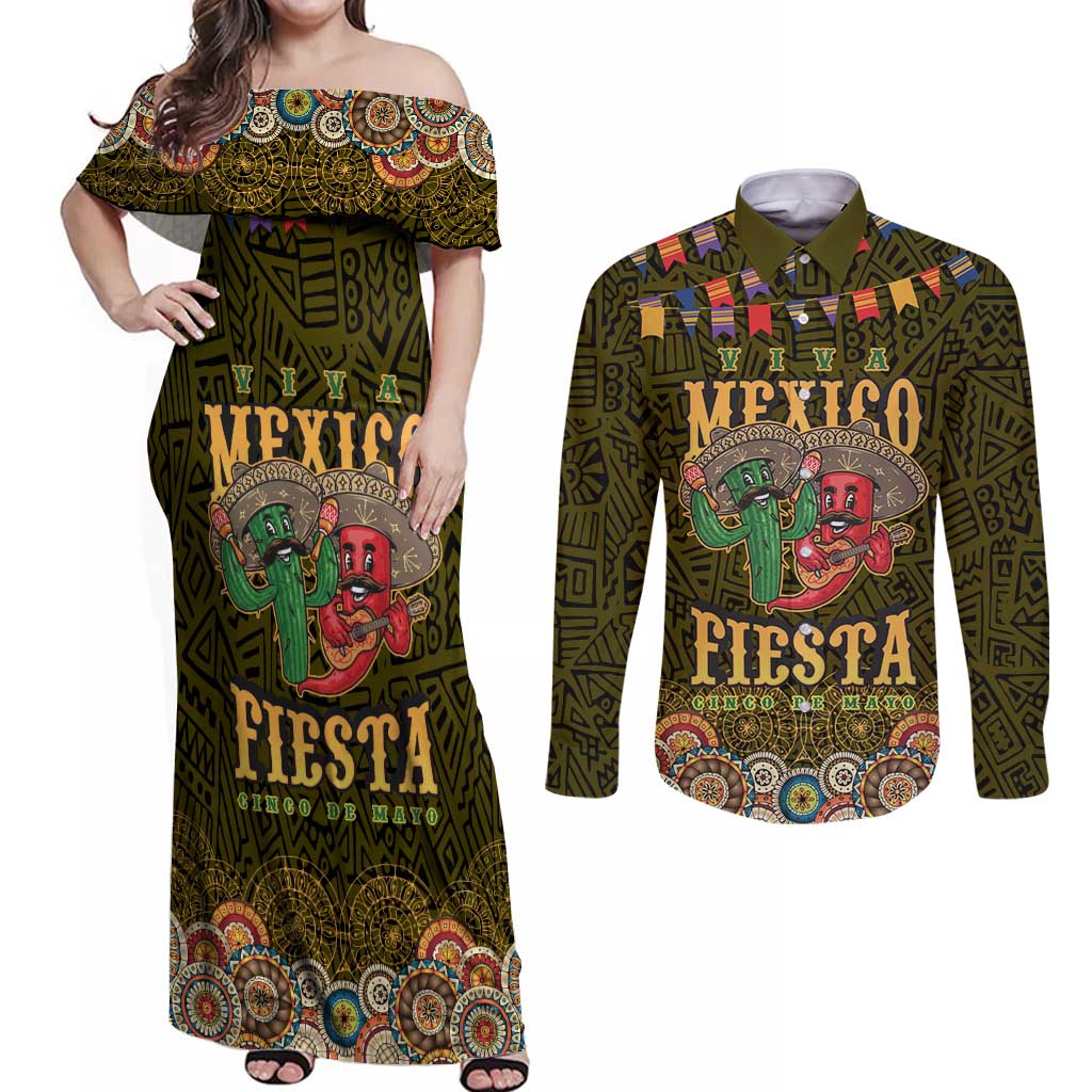 Personalized Mexico Cinco De Mayo Couples Matching Off Shoulder Maxi Dress and Long Sleeve Button Shirt Chilli Pepper and Cactus
