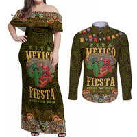 Personalized Mexico Cinco De Mayo Couples Matching Off Shoulder Maxi Dress and Long Sleeve Button Shirt Chilli Pepper and Cactus
