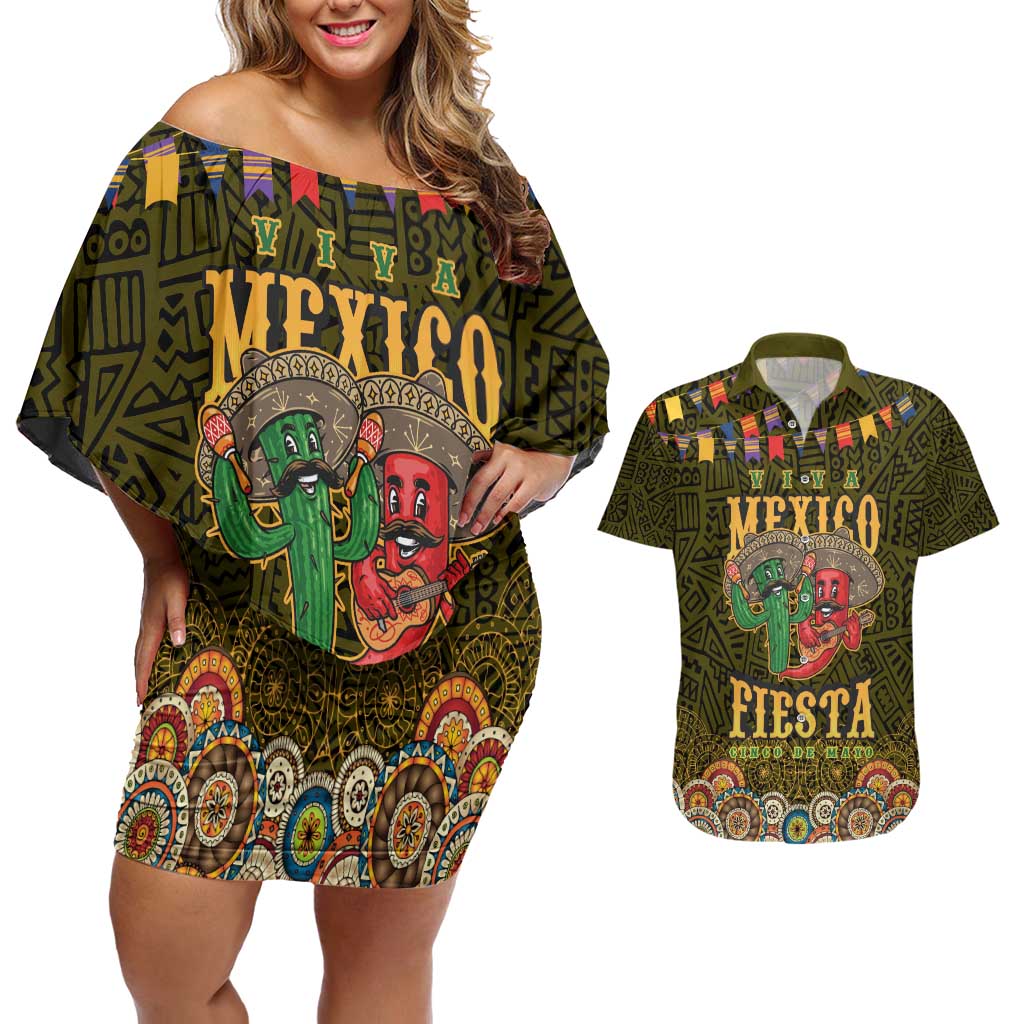 Personalized Mexico Cinco De Mayo Couples Matching Off Shoulder Short Dress and Hawaiian Shirt Chilli Pepper and Cactus
