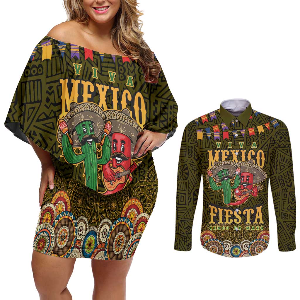 Personalized Mexico Cinco De Mayo Couples Matching Off Shoulder Short Dress and Long Sleeve Button Shirt Chilli Pepper and Cactus
