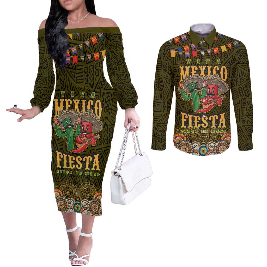 Personalized Mexico Cinco De Mayo Couples Matching Off The Shoulder Long Sleeve Dress and Long Sleeve Button Shirt Chilli Pepper and Cactus