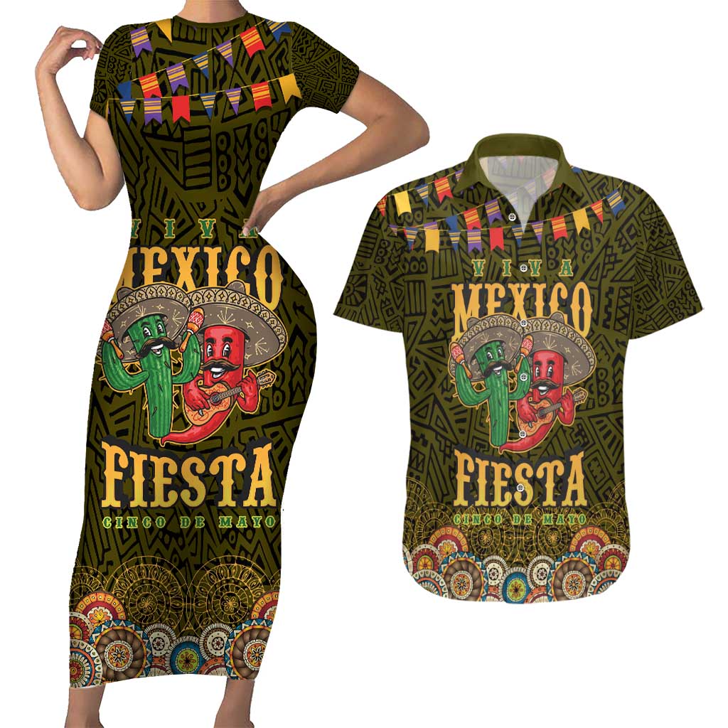 Personalized Mexico Cinco De Mayo Couples Matching Short Sleeve Bodycon Dress and Hawaiian Shirt Chilli Pepper and Cactus