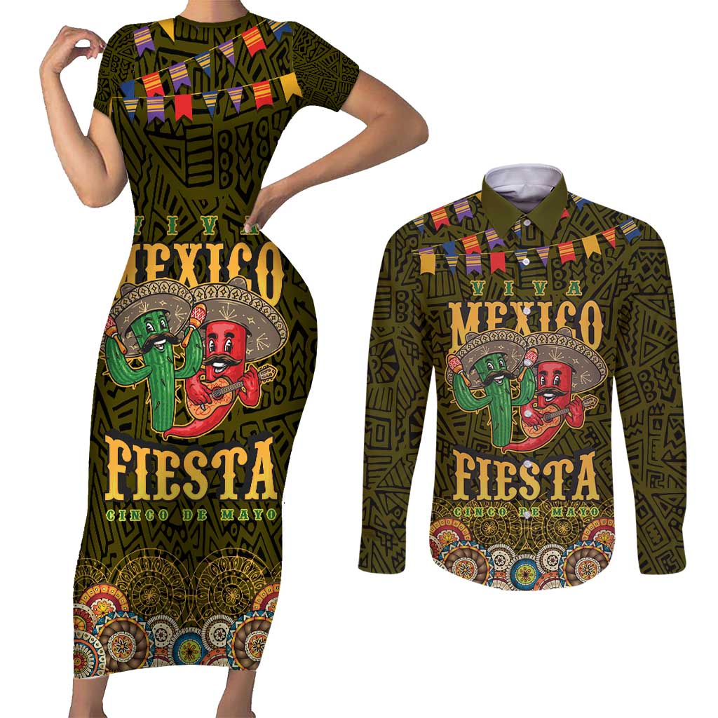 Personalized Mexico Cinco De Mayo Couples Matching Short Sleeve Bodycon Dress and Long Sleeve Button Shirt Chilli Pepper and Cactus