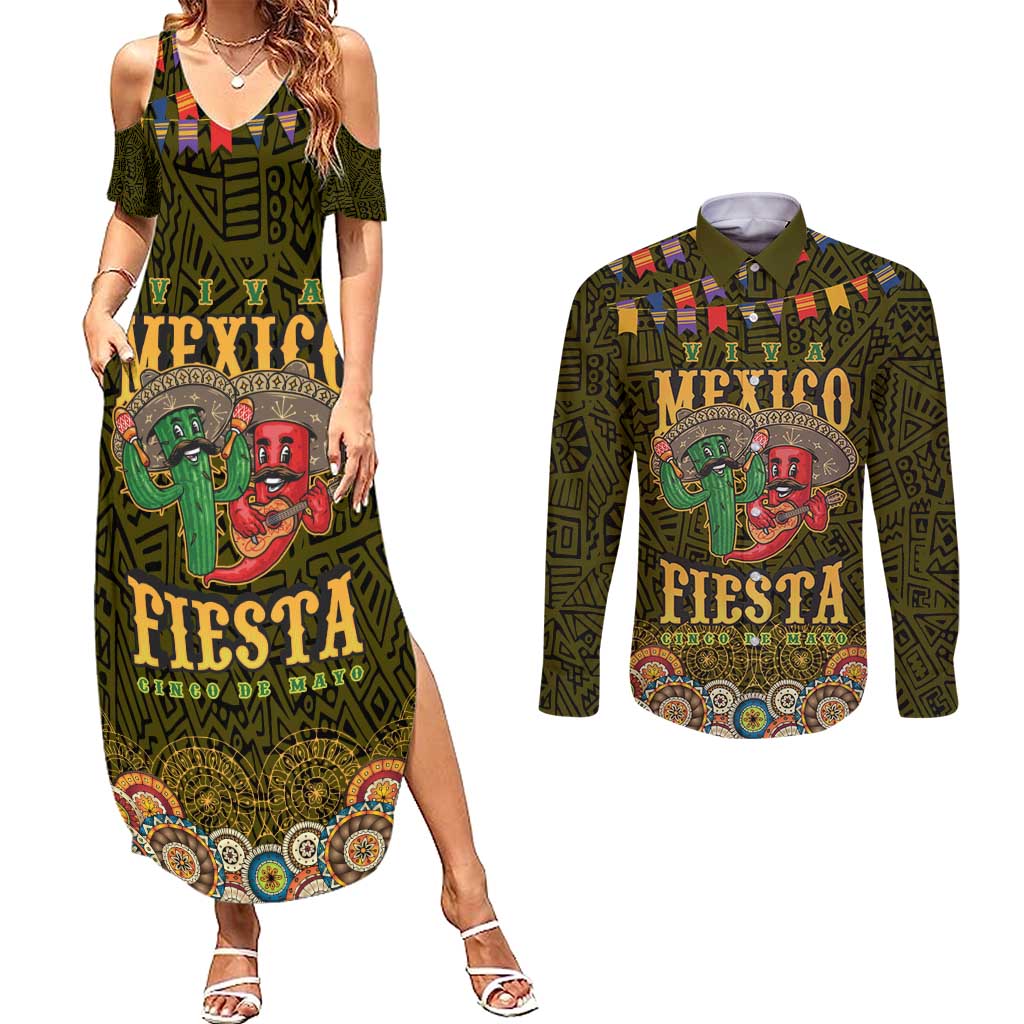 Personalized Mexico Cinco De Mayo Couples Matching Summer Maxi Dress and Long Sleeve Button Shirt Chilli Pepper and Cactus