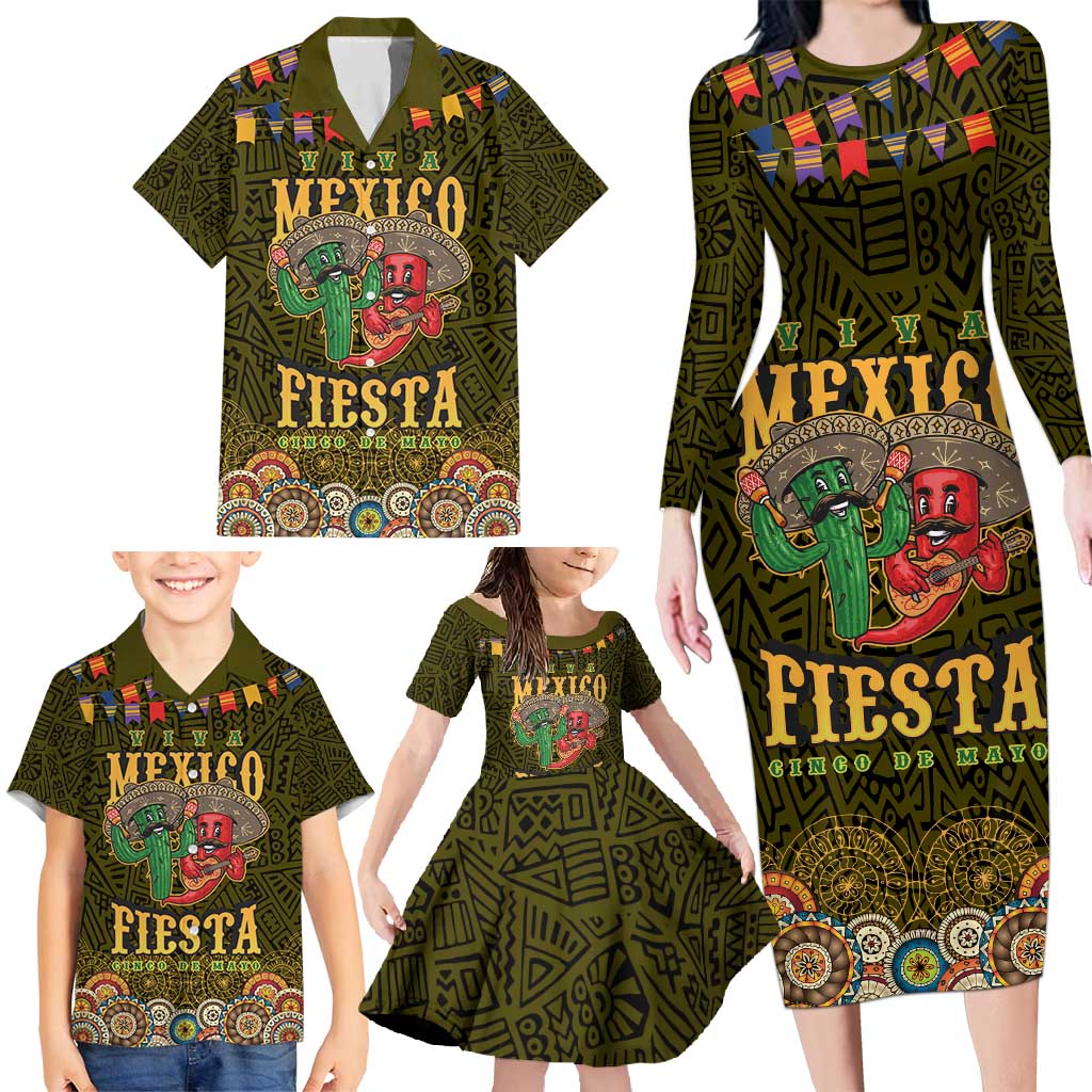Personalized Mexico Cinco De Mayo Family Matching Long Sleeve Bodycon Dress and Hawaiian Shirt Chilli Pepper and Cactus