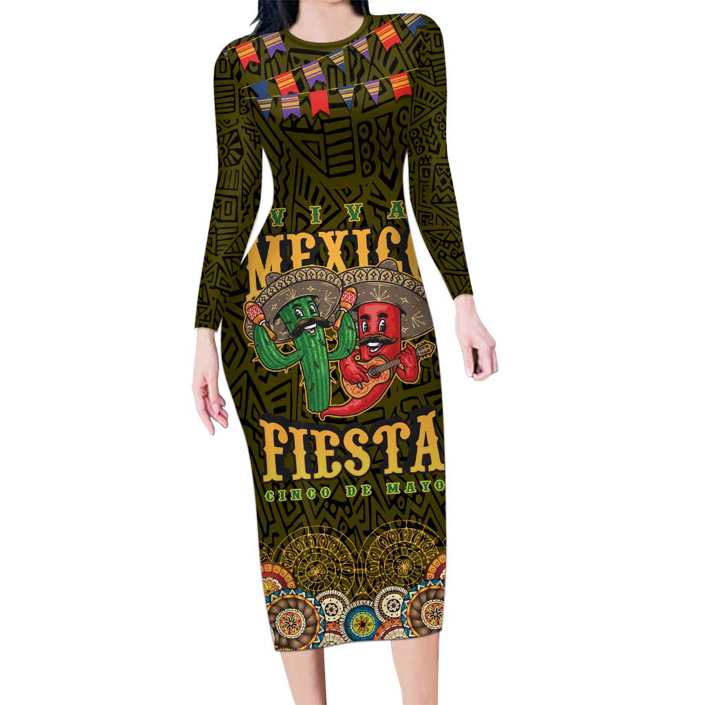 Personalized Mexico Cinco De Mayo Family Matching Long Sleeve Bodycon Dress and Hawaiian Shirt Chilli Pepper and Cactus