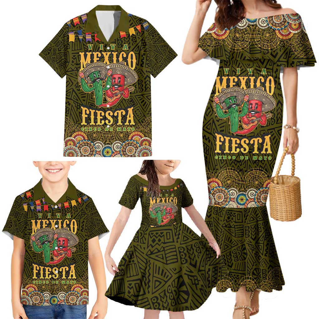 Personalized Mexico Cinco De Mayo Family Matching Mermaid Dress and Hawaiian Shirt Chilli Pepper and Cactus
