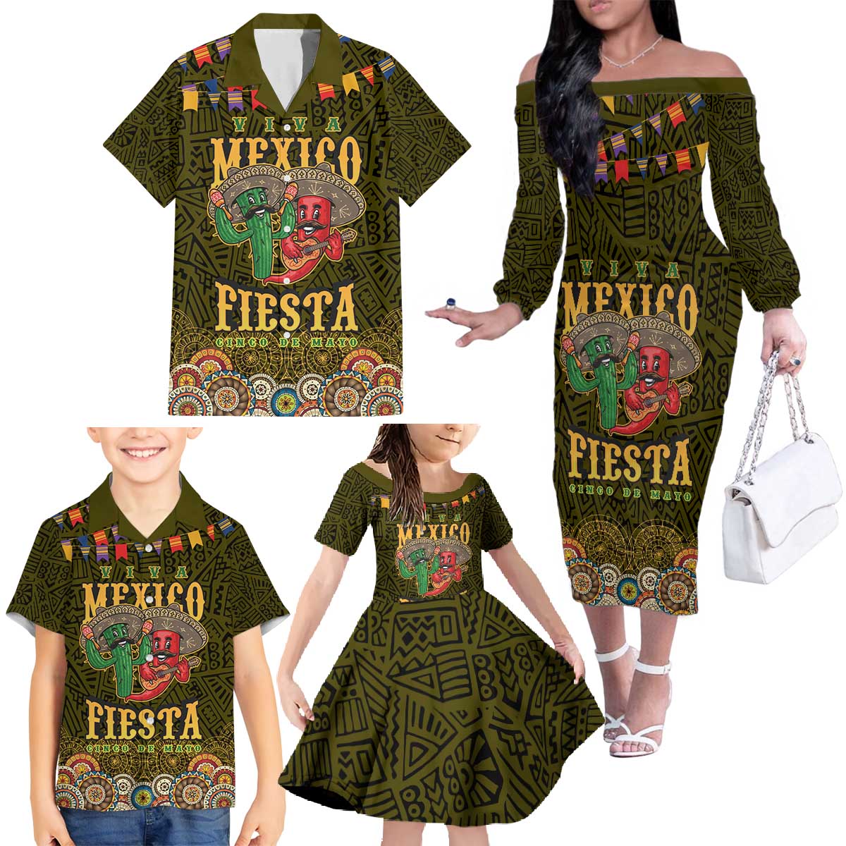 Personalized Mexico Cinco De Mayo Family Matching Off The Shoulder Long Sleeve Dress and Hawaiian Shirt Chilli Pepper and Cactus