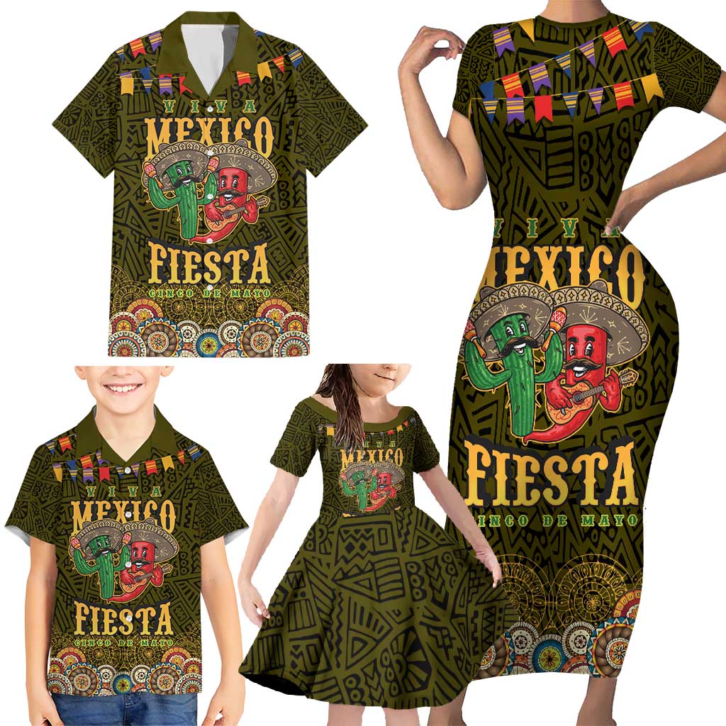 Personalized Mexico Cinco De Mayo Family Matching Short Sleeve Bodycon Dress and Hawaiian Shirt Chilli Pepper and Cactus