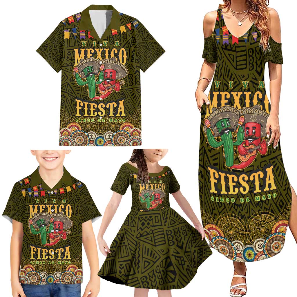 Personalized Mexico Cinco De Mayo Family Matching Summer Maxi Dress and Hawaiian Shirt Chilli Pepper and Cactus
