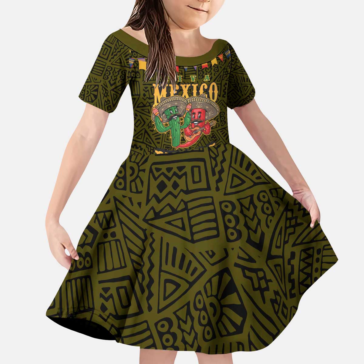 Personalized Mexico Cinco De Mayo Kid Short Sleeve Dress Chilli Pepper and Cactus