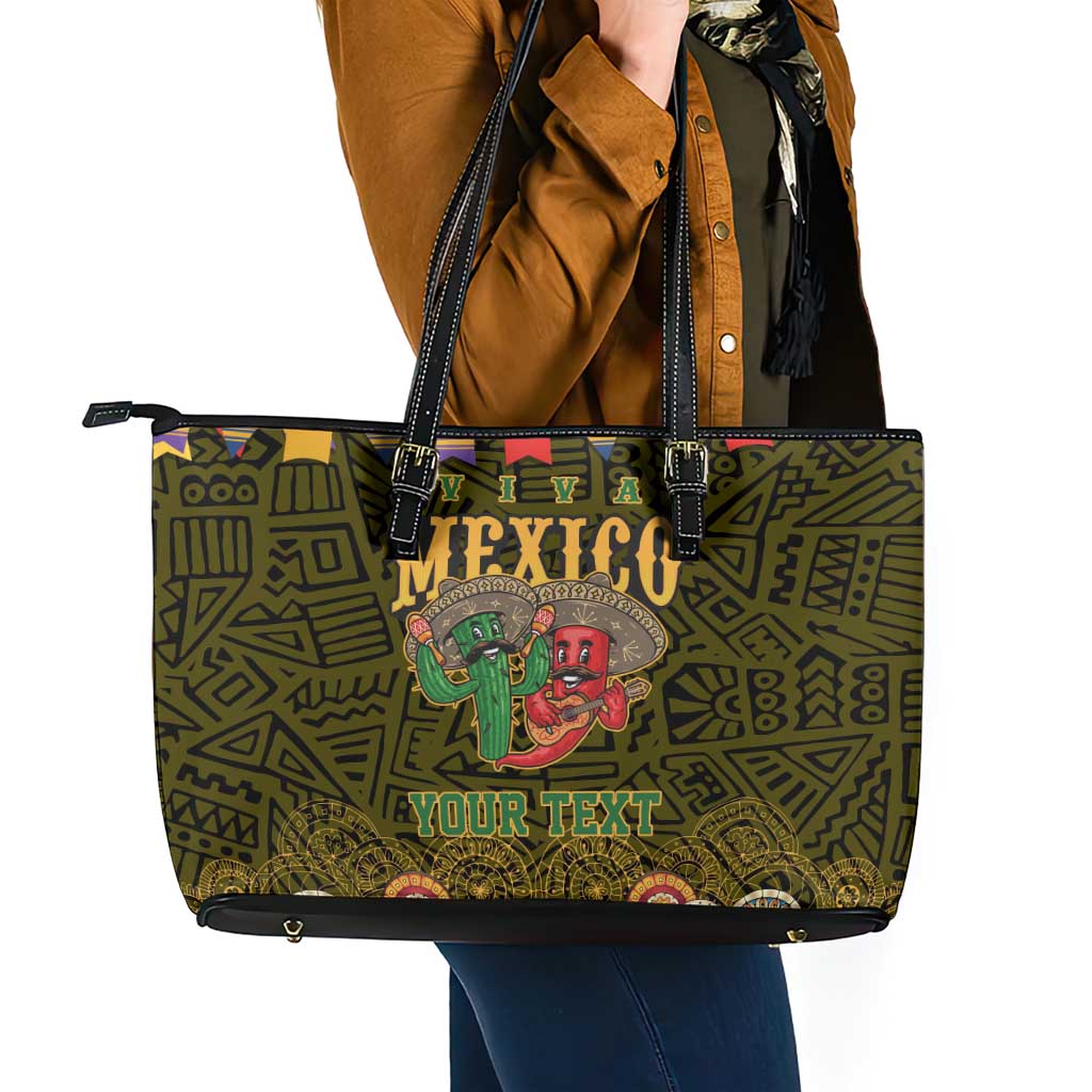 Personalized Mexico Cinco De Mayo Leather Tote Bag Chilli Pepper and Cactus