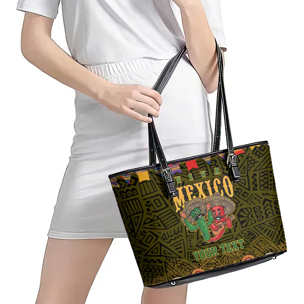Personalized Mexico Cinco De Mayo Leather Tote Bag Chilli Pepper and Cactus