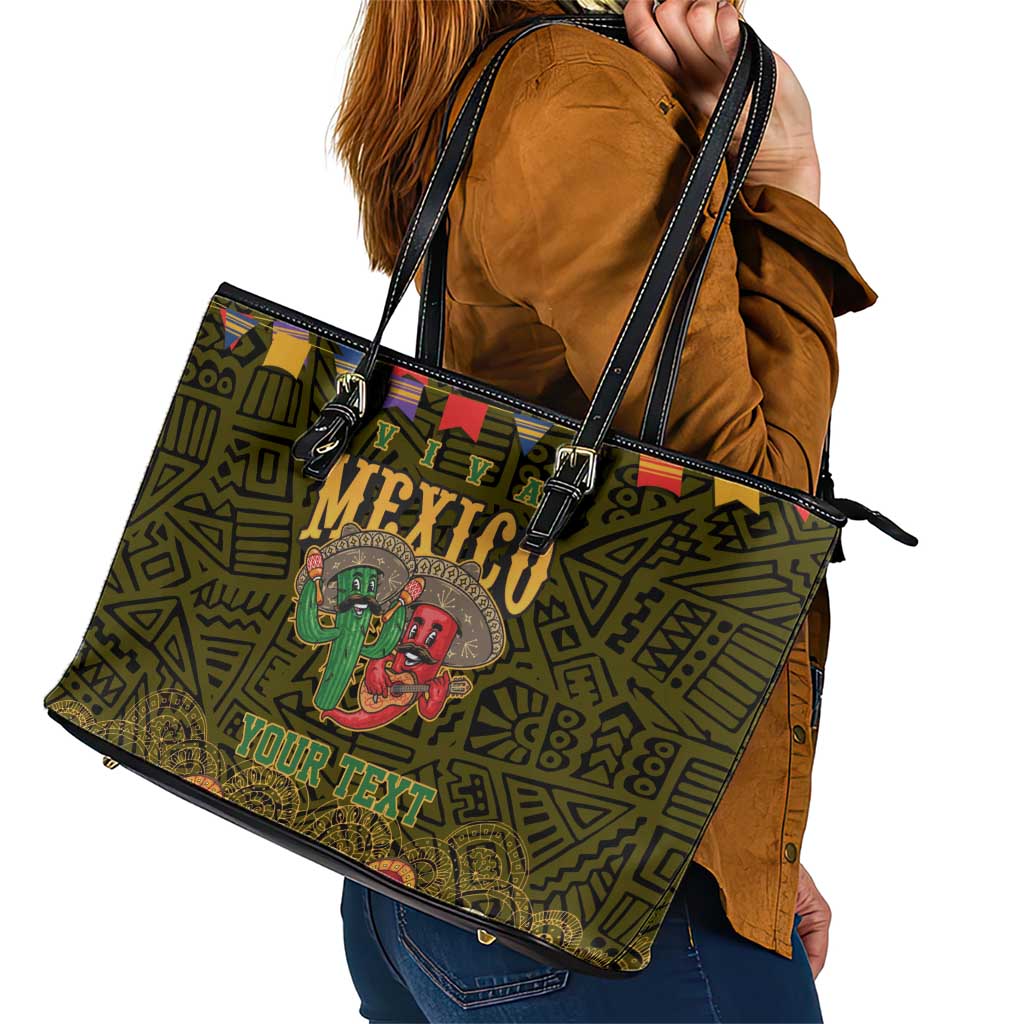 Personalized Mexico Cinco De Mayo Leather Tote Bag Chilli Pepper and Cactus