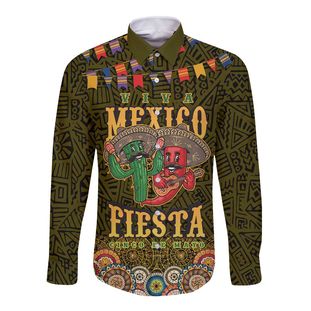 Personalized Mexico Cinco De Mayo Long Sleeve Button Shirt Chilli Pepper and Cactus