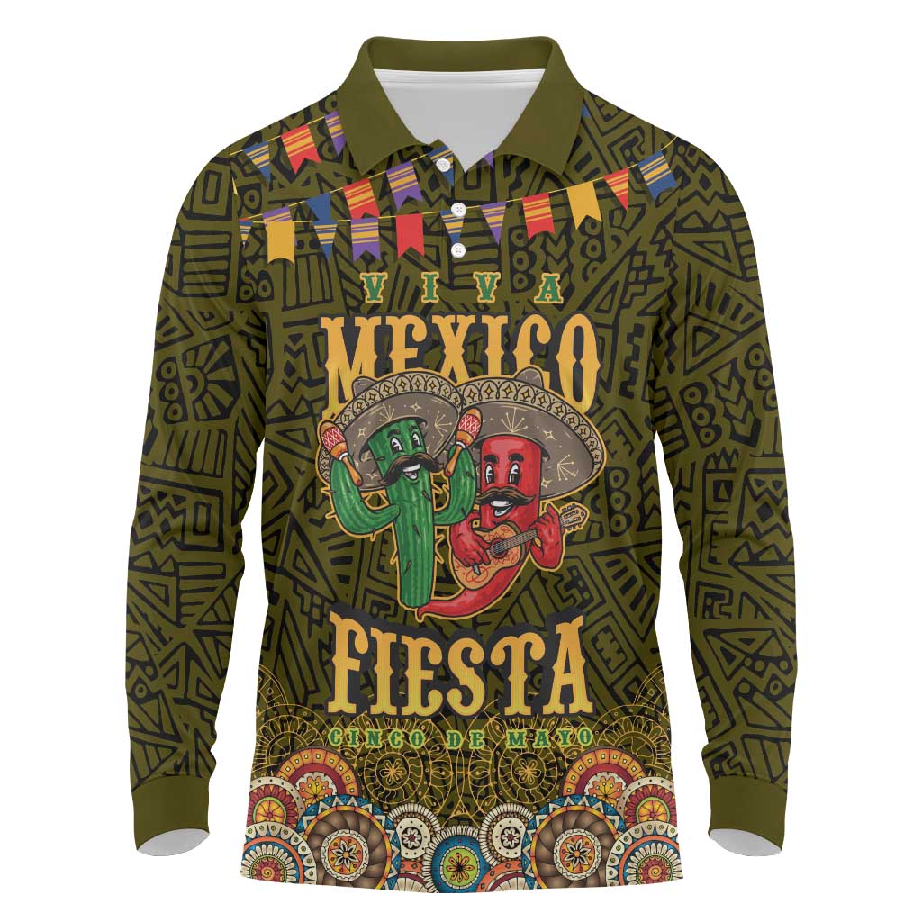 Personalized Mexico Cinco De Mayo Long Sleeve Polo Shirt Chilli Pepper and Cactus