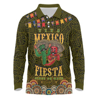 Personalized Mexico Cinco De Mayo Long Sleeve Polo Shirt Chilli Pepper and Cactus
