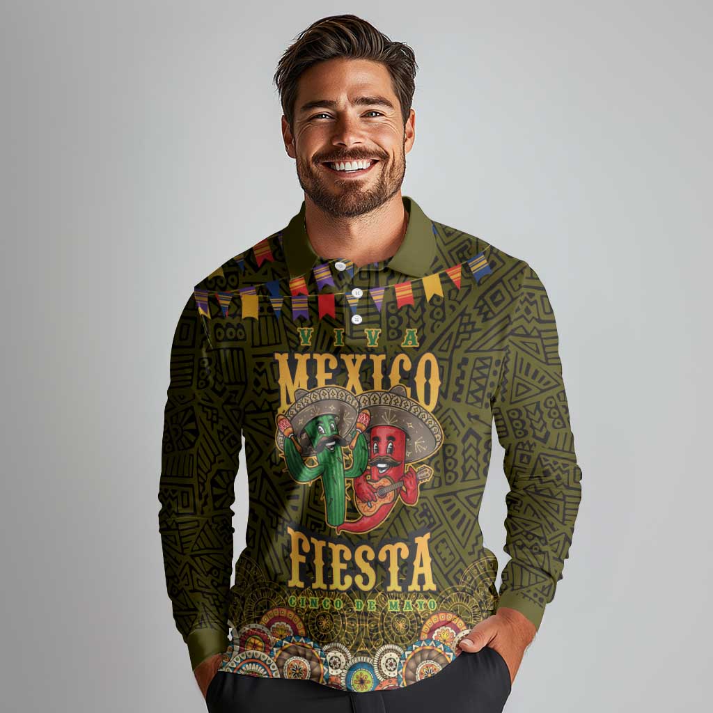 Personalized Mexico Cinco De Mayo Long Sleeve Polo Shirt Chilli Pepper and Cactus