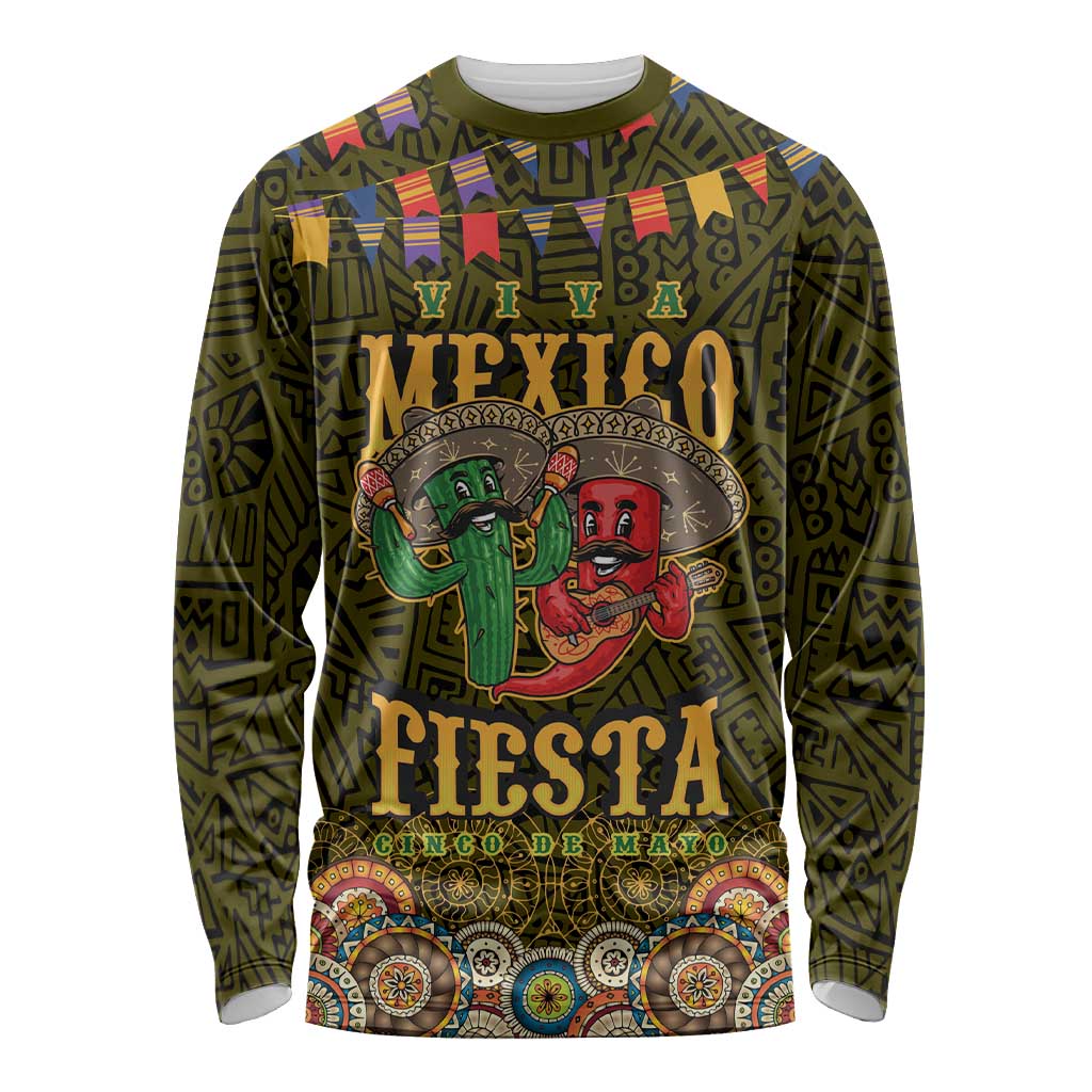 Personalized Mexico Cinco De Mayo Long Sleeve Shirt Chilli Pepper and Cactus