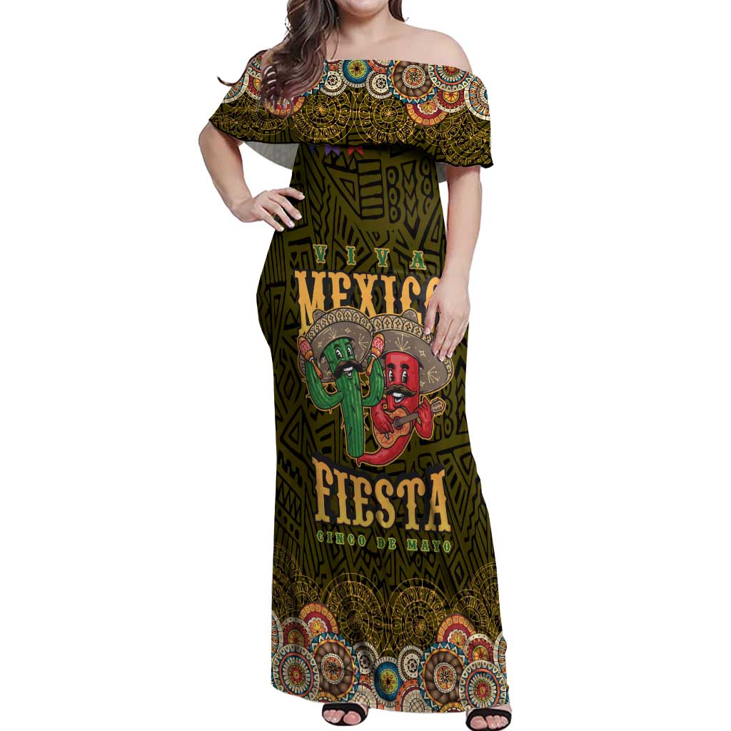 Personalized Mexico Cinco De Mayo Off Shoulder Maxi Dress Chilli Pepper and Cactus