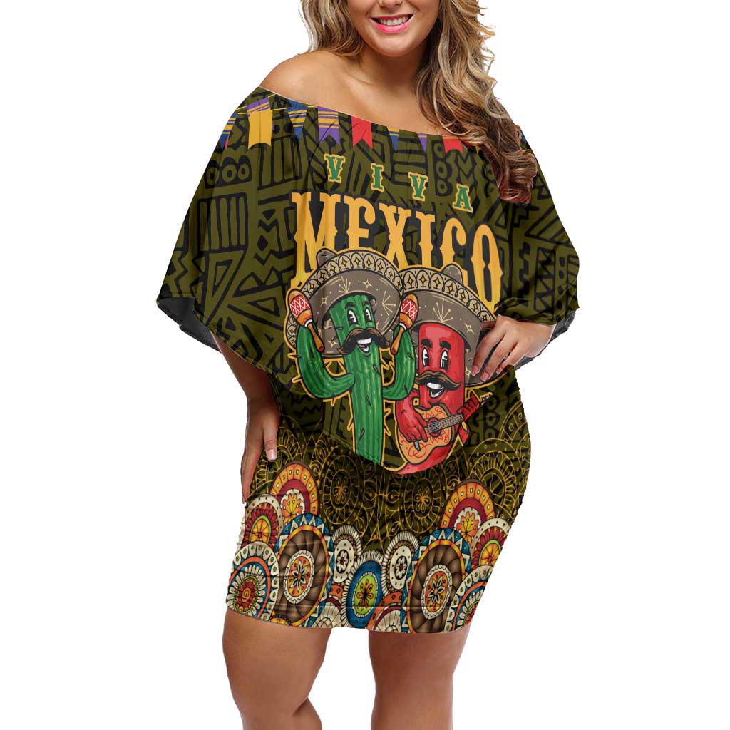 Personalized Mexico Cinco De Mayo Off Shoulder Short Dress Chilli Pepper and Cactus