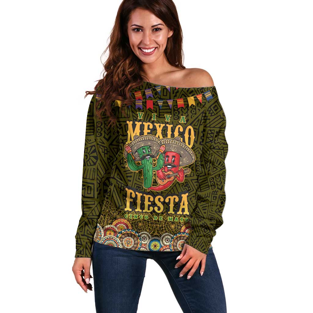 Personalized Mexico Cinco De Mayo Off Shoulder Sweater Chilli Pepper and Cactus