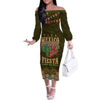 Personalized Mexico Cinco De Mayo Off The Shoulder Long Sleeve Dress Chilli Pepper and Cactus