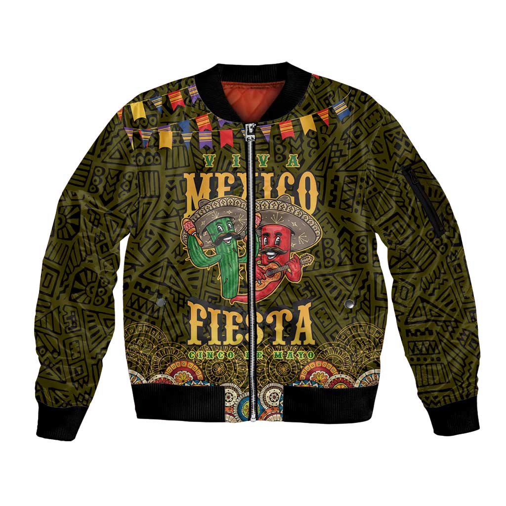 Personalized Mexico Cinco De Mayo Sleeve Zip Bomber Jacket Chilli Pepper and Cactus