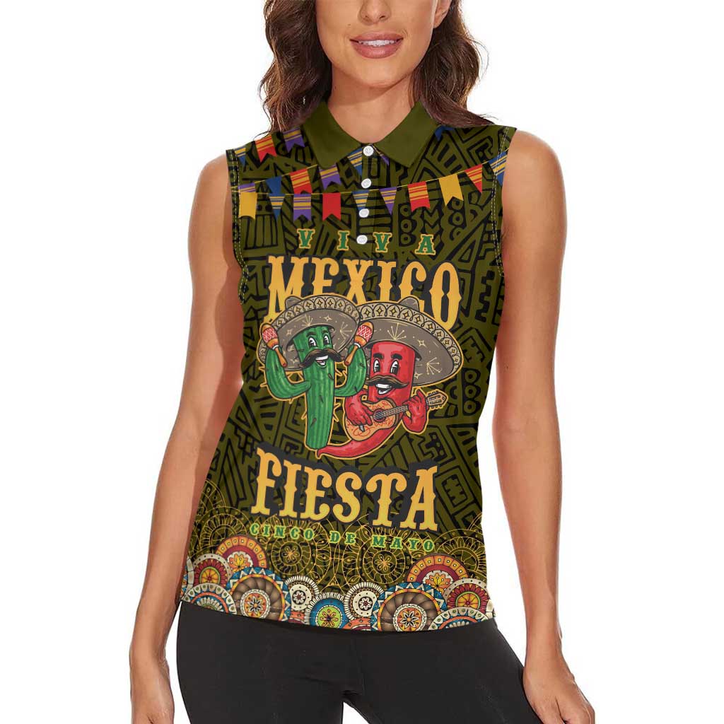Personalized Mexico Cinco De Mayo Women Sleeveless Polo Shirt Chilli Pepper and Cactus