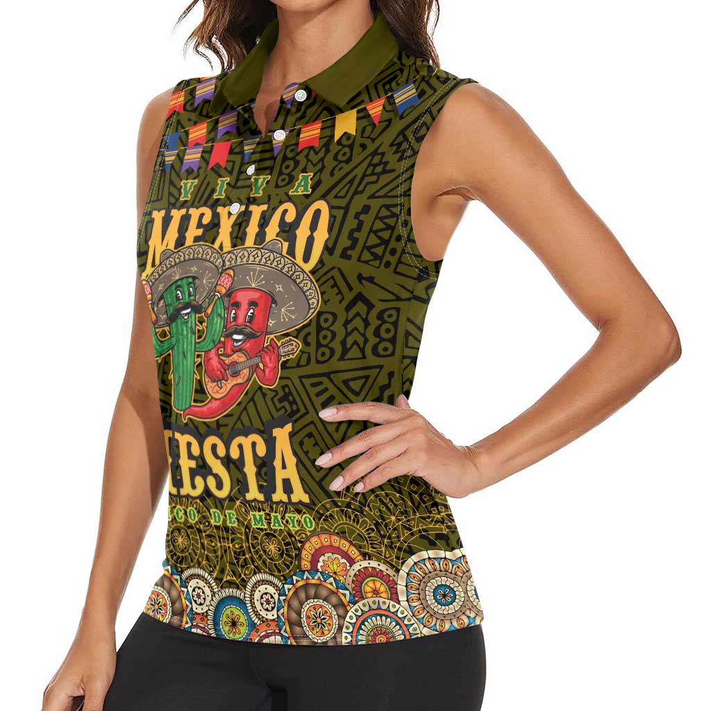 Personalized Mexico Cinco De Mayo Women Sleeveless Polo Shirt Chilli Pepper and Cactus