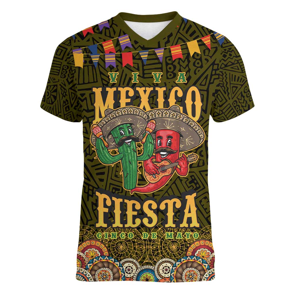 Personalized Mexico Cinco De Mayo Women V-Neck T-Shirt Chilli Pepper and Cactus