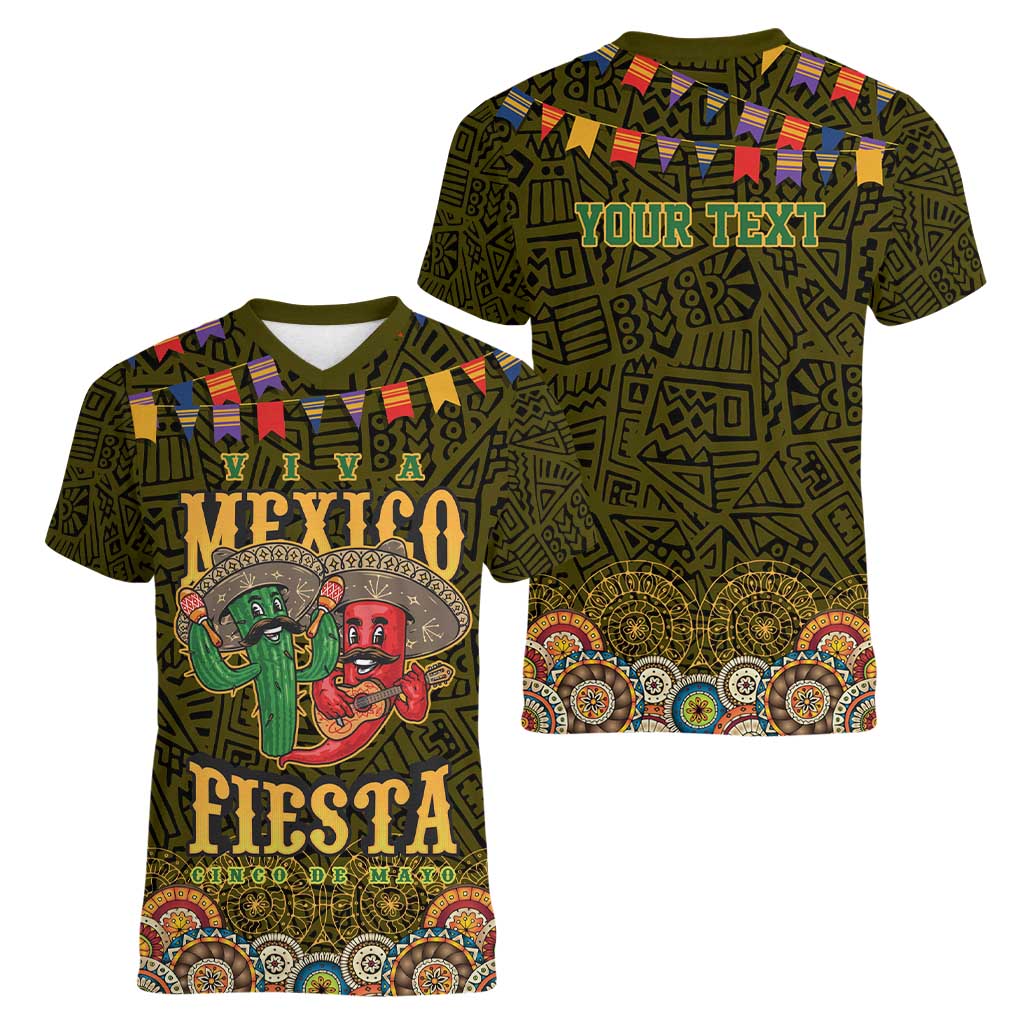Personalized Mexico Cinco De Mayo Women V-Neck T-Shirt Chilli Pepper and Cactus